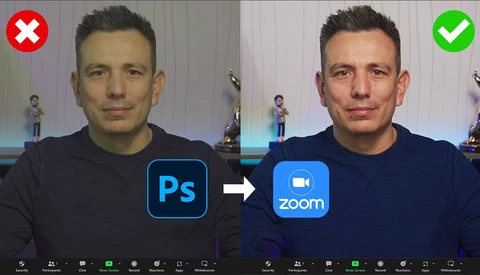 Comparison graphic showing portrait editing workflow from Photoshop to Zoom video call setup.