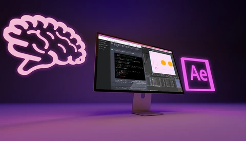 Illustration of a neon brain icon, computer monitor displaying code and design elements, and Adobe After Effects logo against purple lighting.