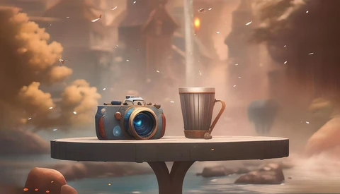 Illustration of a vintage camera and coffee mug displayed on a floating platform against a dreamlike sky with clouds and floating particles.