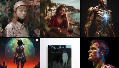 Six-panel grid showcasing diverse cinematic photography styles ranging from portrait and landscape to digital art and conceptual imagery.