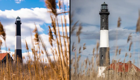 Two lighthouse photographs side by side, each framed by dried marsh grasses in the foreground.
