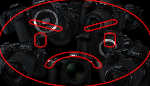 Illustration of professional camera bodies with red outlines highlighting key features and components.
