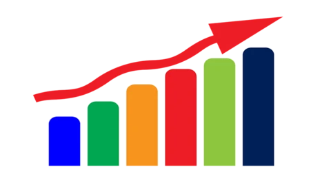 Illustration of a bar chart with six ascending columns in blue, green, orange, red, lime, and navy, topped with an upward-trending red arrow.