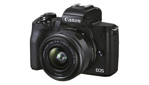 Canon EOS M50 Mark II mirrorless camera with 15-45mm kit lens mounted, shown against white background.