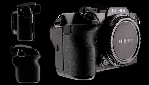 Fujifilm mirrorless camera body shown from multiple angles against black background.