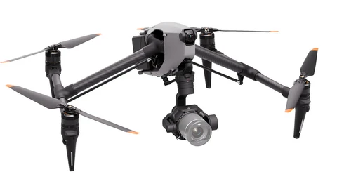 Professional quadcopter drone with retractable landing gear and mounted camera gimbal, shown in hover position against white background.