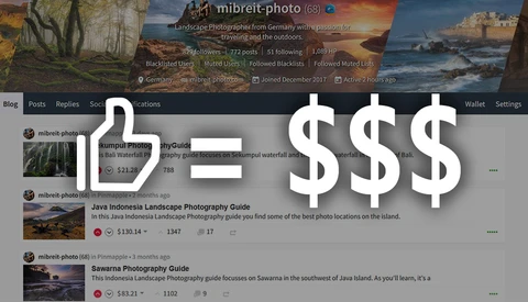 Screenshot of a photography community website showing user posts with landscape photography guides and monetization indicators.