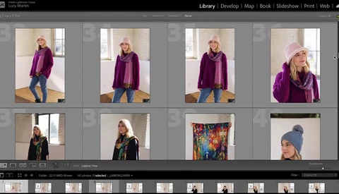Screenshot of Lightroom Library module showing contact sheets of portrait photography with a woman in purple clothing.