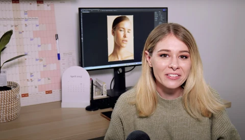 Woman in beige sweater speaking at microphone with portrait editing workspace visible behind her.