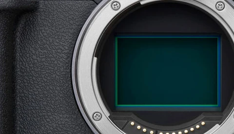 Close-up of a camera sensor with protective shutter open, showing the mirror box interior and contact pins.