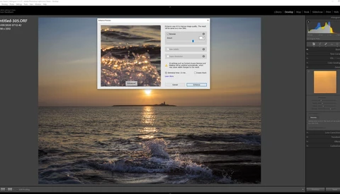 Screenshot of photo editing software with a sunset seascape image and processing dialog box open.