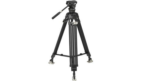 Professional video tripod with fluid head and pan handle against white background.