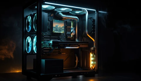 High-end gaming PC tower with cyan and orange LED lighting against a dark background.