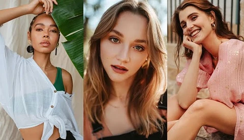 Three portrait photographs showing different women with varied styling and lighting approaches.