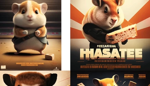 Illustration of three animated hamster characters with different expressions and poses against stylized backgrounds.