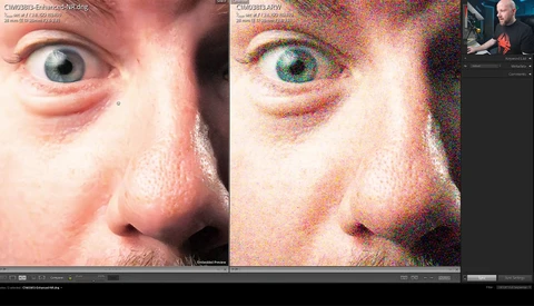 Screenshot comparing original close-up portrait with heavily pixelated/posterized version showing loss of detail.