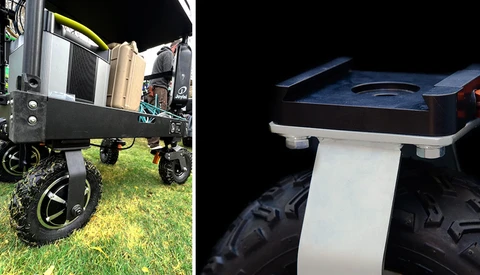 Split-frame comparison of a mobile equipment trailer wheel assembly and detail shot of white spoke design against dark background.
