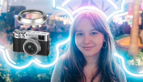 Portrait of a young woman with long straight hair against a blurred neon-lit background, with a vintage rangefinder camera illustrated to her left.