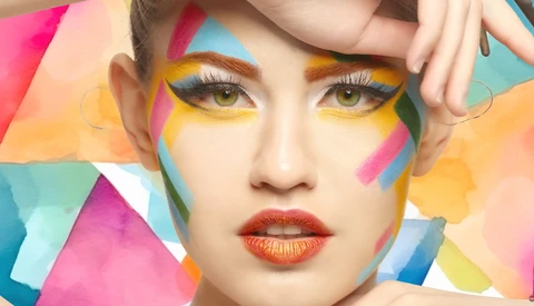 Portrait of a person with vibrant geometric makeup featuring bold colors like magenta, yellow, blue, and orange.