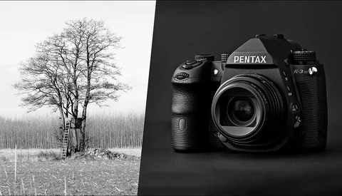 Bare tree in winter landscape on left; Pentax K-3 II DSLR camera on dark background on right.