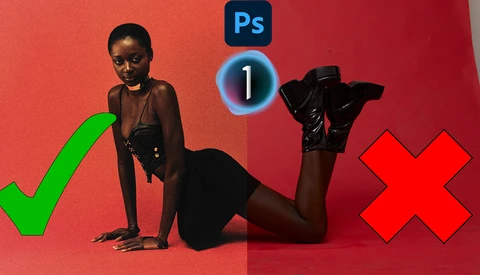 Woman in black outfit posed against red gradient background with Photoshop interface elements and checkmark/X symbols overlaid.
