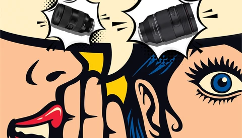 Illustration of two faces in pop art style with camera lenses replacing eyes.