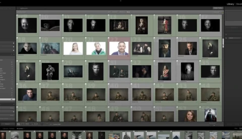 Screenshot of Lightroom library grid displaying portrait photography contact sheets with multiple subject headshots.