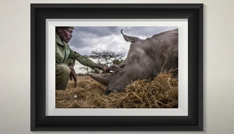 Wildlife handler crouching beside a rhinoceros in dry grassland with acacia tree and mountains visible in the background.