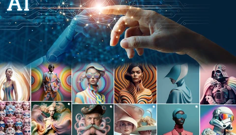 Hand touching AI interface with grid of AI-generated portraits below.