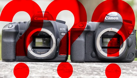 Two Canon EOS 5D Mark IV DSLR cameras displayed body-only against a red geometric background.