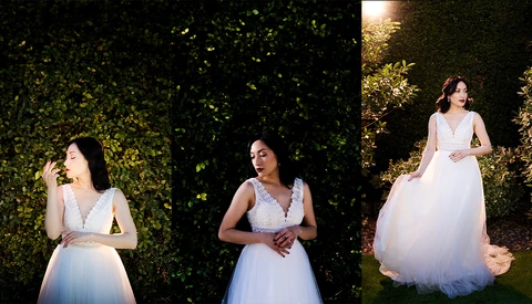 Woman in white dress posing in three different positions against illuminated green foliage backdrop.