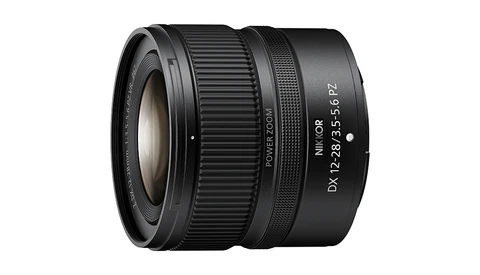 Nikon Z DX 12-28mm f/3.5-5.6 PZ VR lens with extended zoom barrel against white background.