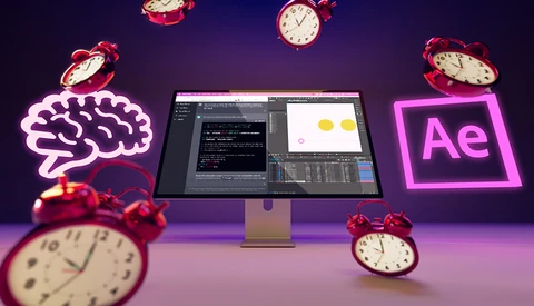 Screenshot of After Effects editing interface surrounded by illustrated clocks, brain icon, and Ae logo on purple background.