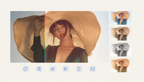 Portrait of woman wearing oversized straw hat and brown vest against blue sky.