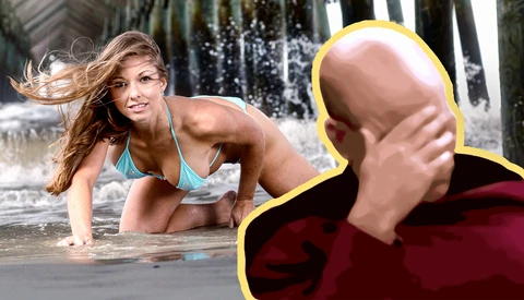 Woman in bikini posing in shallow water with pier pilings in background.