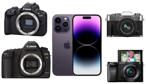 Comparison of five digital cameras: two Canon DSLRs, an iPhone 14 Pro, a Fujifilm rangefinder, and a Sony mirrorless camera.