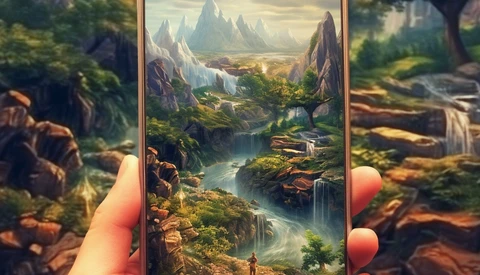 Hand holding smartphone displaying a fantastical landscape with mountains, river, and lush valley scenery.
