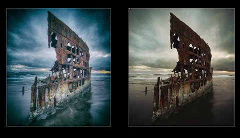 Abandoned multi-story brick building partially submerged in water with dramatic cloudy sky.