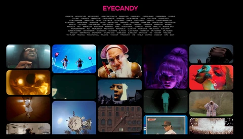 Screenshot of EYECANDY website showing grid of colorful film and video stills with vibrant lighting and visual effects.