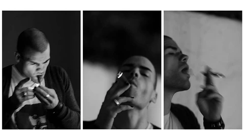 Three black and white portraits of men in contemplative poses with cigarettes.