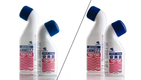 Two product comparison shots of cleaning bottles with blue caps and red wavy label designs, shown side-by-side.