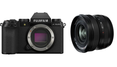 Fujifilm X-S20 mirrorless camera body next to a wide-angle prime lens.