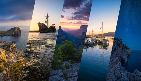 Vertical composite of five coastal seascapes featuring rocky cliffs, anchored boats, and golden-hour lighting.