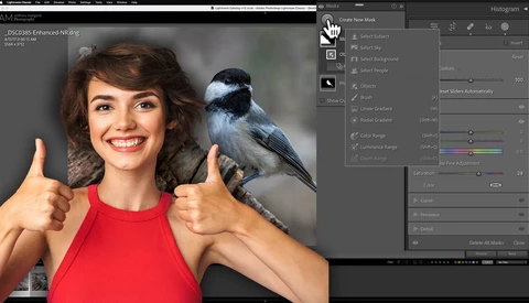 Screenshot of photo editing software showing a woman in a red shirt giving thumbs up with a blue jay perched on her shoulder.