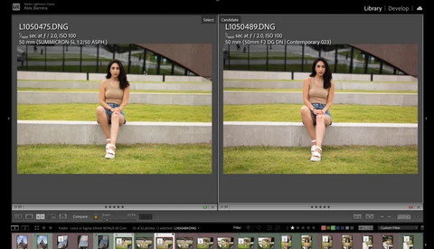 Screenshot of photo editing software showing two similar images of a woman in athletic wear seated outdoors.