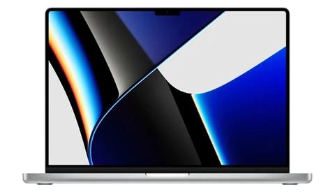 Illustration of a silver laptop displaying an abstract graphic with blue, black, and white geometric shapes with glowing blue edges.