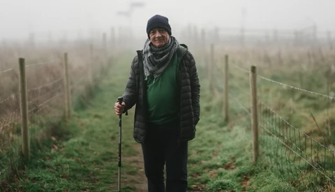 Person standing in a foggy vineyard row holding a walking stick, wearing winter clothing and a beanie.
