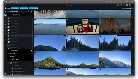 Screenshot of a photo management application displaying a grid of landscape and nature photographs organized in folders.