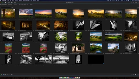 Screenshot of photo library management software displaying a grid of landscape and architectural photographs.