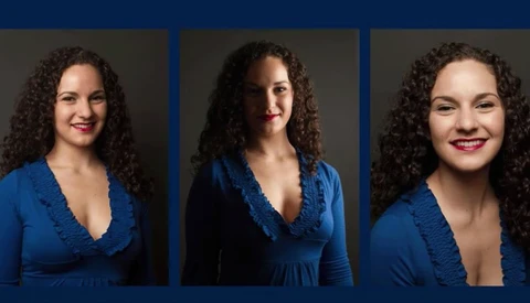 Three portrait headshots of a woman with curly dark hair in blue clothing against a dark blue background.